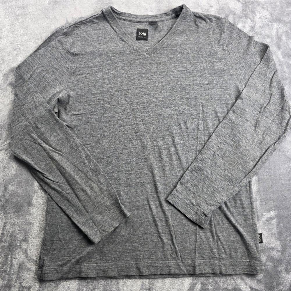 BOSS Hugo Boss V-Neck Long Sleeve Shirt Mens L Grey Regular Fit Heathered Peru